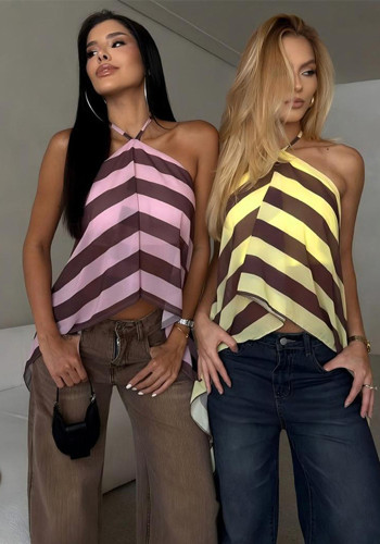 Women Summer Striped Print Halter Neck Backless Tie-back Top
