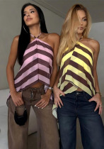 Women Summer Striped Print Halter Neck Backless Tie-back Top Women Summer Striped Print Halter Neck Backless Tie-back Top