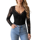 Women Autumn/Winter Sexy Black V Neck Patchwork Lace Long-sleeve Bodysuit