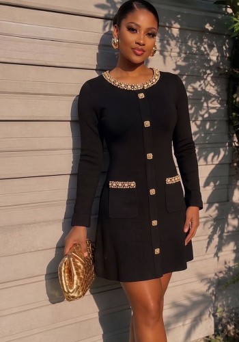 Women Autumn/Winter Rhinestone Elegant Knit Black Long-sleeve Dress