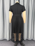 Women Elegant Black Formal Party Belt Turndown Collar Sexy Lace Patchwork Pleated Dress