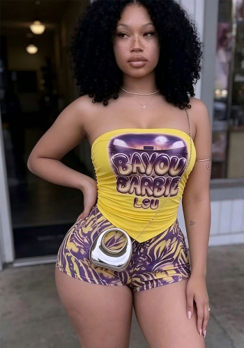 Women Casual Letter Print Strapless Top and Shorts Two-piece Set