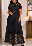 Women Elegant Black Formal Party Belt Turndown Collar Sexy Lace Patchwork Pleated Dress
