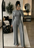 Women Autumn/Winter Solid Long-sleeve Top + Patchwork Wide-leg Pants Two-piece Set