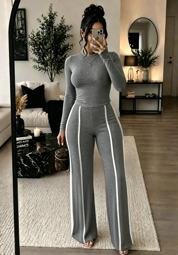 Women Autumn/Winter Solid Long-sleeve Top + Patchwork Wide-leg Pants Two-piece Set