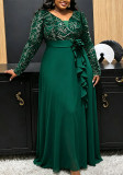 Plus Size Women Dark Green Sequin Long-sleeve V Neck Chiffon Formal Party Maxi Dress