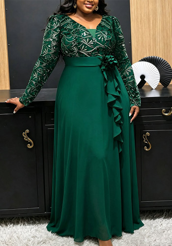 Plus Size Women Dark Green Sequin Long-sleeve V Neck Chiffon Formal Party Maxi Dress