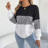 Women Autumn/Winter Casual Color-block Cable Knit Irregular Lantern Sleeve Sweater