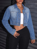 Women Beaded Denim Gradient Washed Turndown Collar Long-sleeve Crop Jacket