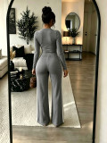 Women Autumn/Winter Solid Long-sleeve Top + Patchwork Wide-leg Pants Two-piece Set