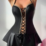 Women PU Leather Lace-Up Sexy Mesh See-Through Dress