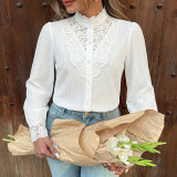 Women White Lace Long-sleeve Stand Collar Patchwork Lace Hollow-out Top Shirt