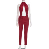 Women's Autumn Halter Neck High Neck Cut-Out Low Back Sexy Jumpsuit