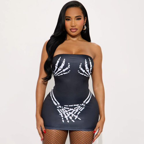 Women's Autumn Strapless Halloween Print Tight-Fitting Mini Bodycon Dress