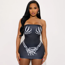 Women's Autumn Strapless Halloween Print Tight-Fitting Mini Bodycon Dress Women's Autumn Strapless Halloween Print Tight-Fitting Mini Bodycon Dress