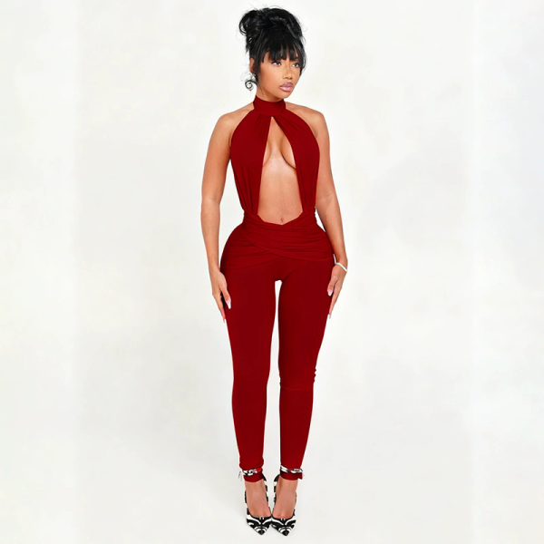 Women's Autumn Halter Neck High Neck Cut-Out Low Back Sexy Jumpsuit