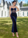 Women's Navy Blue Velvet Luxury Dinner Party Slim Fit Fishbone Dress