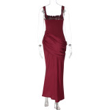 Women Autumn Solid Square Neck Patchwork Strappy Maxi Dress