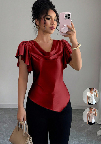 Women's Summer Solid Color Satin Cowl Neck Ruched Asymmetric Short Sleeve Top