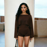 Women's Fall Winter Solid Color Sexy Slash Shoulder Long Sleeve Shawl Strap Drawstring Short Jumpsuit