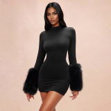 Women's Fall Solid Color Mock Neck Long Sleeve Cuff Patchwork Faux Fur Mini Dress