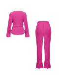 Women's Chic Casual Lantern Sleeve Tie Front Pullover Top Wide Leg Pants Two Piece Set