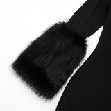Women's Fall Solid Color Mock Neck Long Sleeve Cuff Patchwork Faux Fur Mini Dress