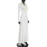 Women's Fall Winter Solid Color Casual Long Sleeve V Neck Faux Fur Patchwork Slim Fit Dress