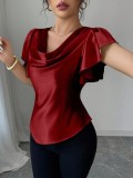 Women's Summer Solid Color Satin Cowl Neck Ruched Asymmetric Short Sleeve Top
