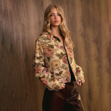 Women's Fall Floral Jacquard Turndown Collar Zip Up Long Sleeve Slim Fit Jacket