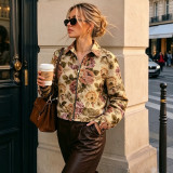 Women's Fall Floral Jacquard Turndown Collar Zip Up Long Sleeve Slim Fit Jacket
