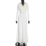 Women's Fall Winter Solid Color Casual Long Sleeve V Neck Faux Fur Patchwork Slim Fit Dress