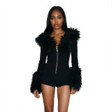 Women Autumn/Winter Solid Casual Furry Zip Patchwork Long-sleeve Jumpsuit