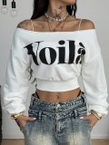 Women's Fall Off Shoulder Long Sleeve Letter Print Cropped Top