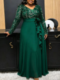 Plus Size Women Dark Green Sequin Long-sleeve V Neck Chiffon Formal Party Maxi Dress