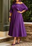 Women's Plus Size Purple Slash Shoulder Evening Dress Off Shoulder Ruffle Short Sleeves Slim Waist A Line Midi Dress