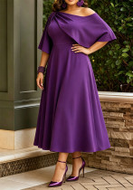 Women's Plus Size Purple Slash Shoulder Evening Dress Off Shoulder Ruffle Short Sleeves Slim Waist A Line Midi Dress