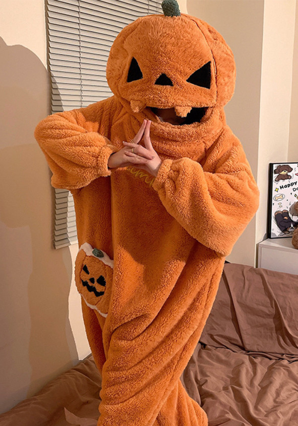 Women's Fall Winter Coral Fleece Zip Up One Piece Pajama Cartoon Pumpkin Warm Loungewear