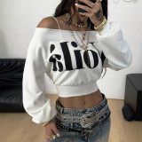 Women's Fall Off Shoulder Long Sleeve Letter Print Cropped Top