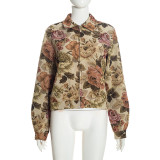 Women's Fall Floral Jacquard Turndown Collar Zip Up Long Sleeve Slim Fit Jacket