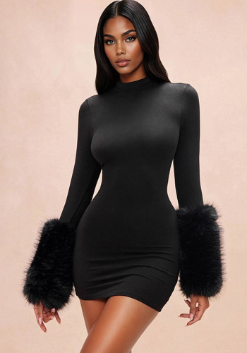 Women's Fall Solid Color Mock Neck Long Sleeve Cuff Patchwork Faux Fur Mini Dress