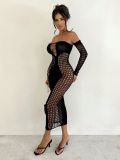 Women Off Shoulder Long-sleeve Fishnet Hollow-out Sexy Bodycon Dress