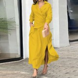 Women Autumn Solid V Neck Slit Dress