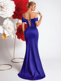 Women's Royal Blue Off Shoulder High Stretch High Split Chic Luxury Party Evening Gown