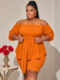 Women's Plus Size Off Shoulder Belt Slim Waist Slim Fit Top Stretch Bodycon Shorts Two Piece Set