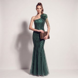 Women's Plus Size One Shoulder Sequin Mesh Beaded Floral Mermaid Evening Gown