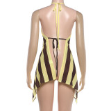 Women Summer Striped Print Halter Neck Backless Tie-back Top