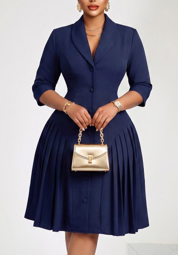Women's Plus Size Career Dress Turndown Collar Three Quarter Sleeves Pleated African Style Double Breasted Professional Midi Dress