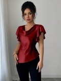 Women's Summer Solid Color Satin Cowl Neck Ruched Asymmetric Short Sleeve Top