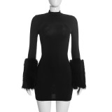Women's Fall Solid Color Mock Neck Long Sleeve Cuff Patchwork Faux Fur Mini Dress